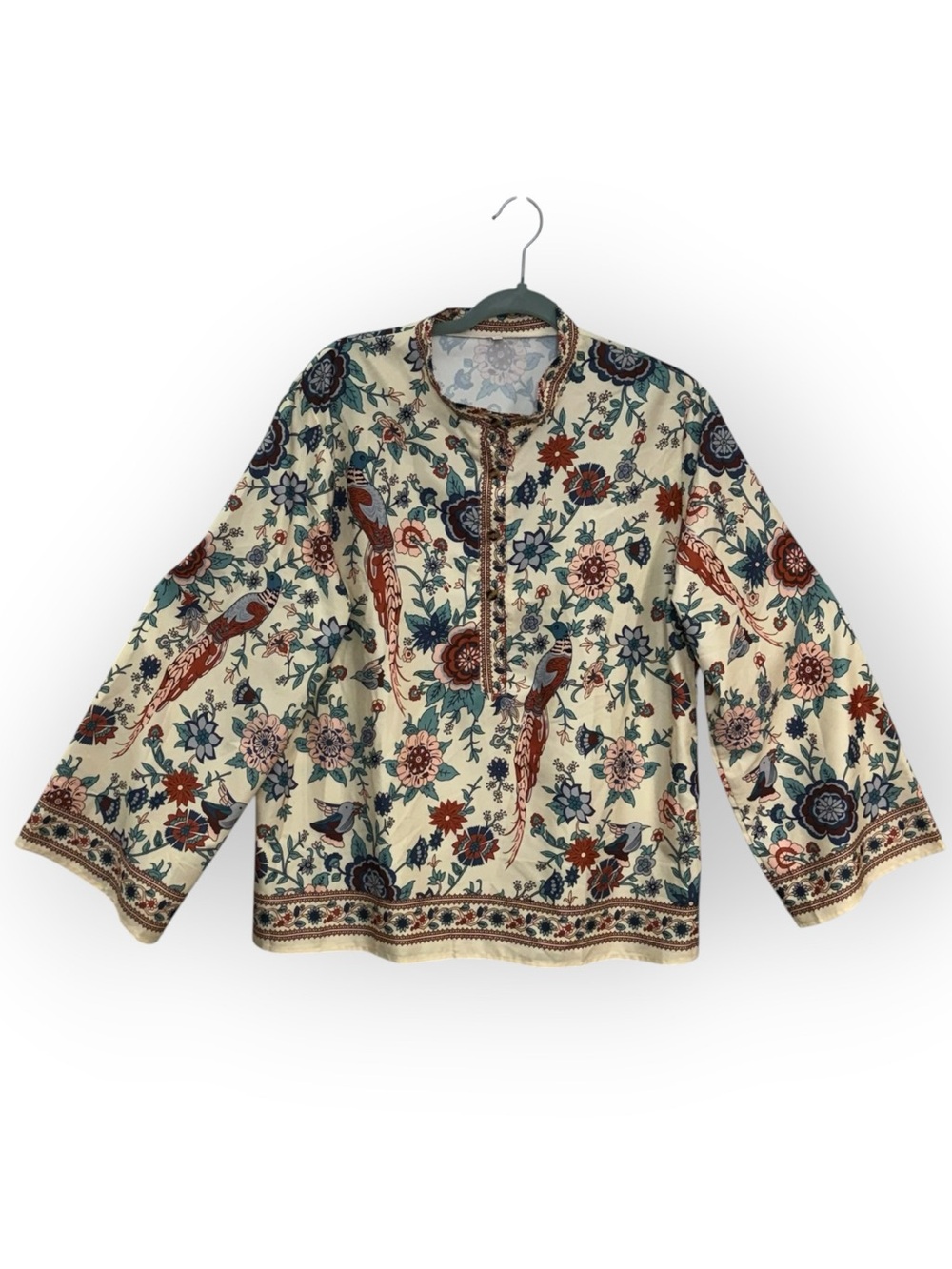 Floral Bird Print Boho Blouse in Cream and Teal *271